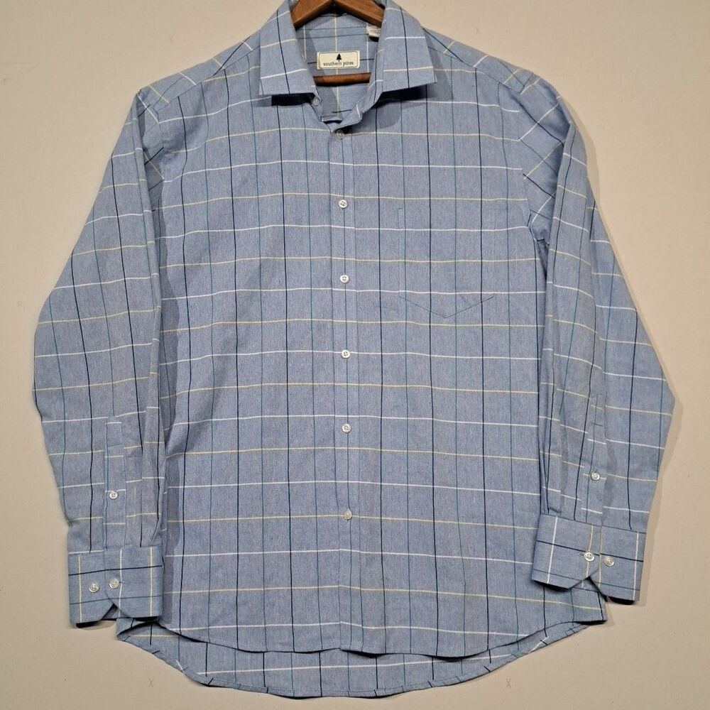 Southern Pines Button Down Shirt Men's Large Blue Yellow Windowpane Plaid Cotton